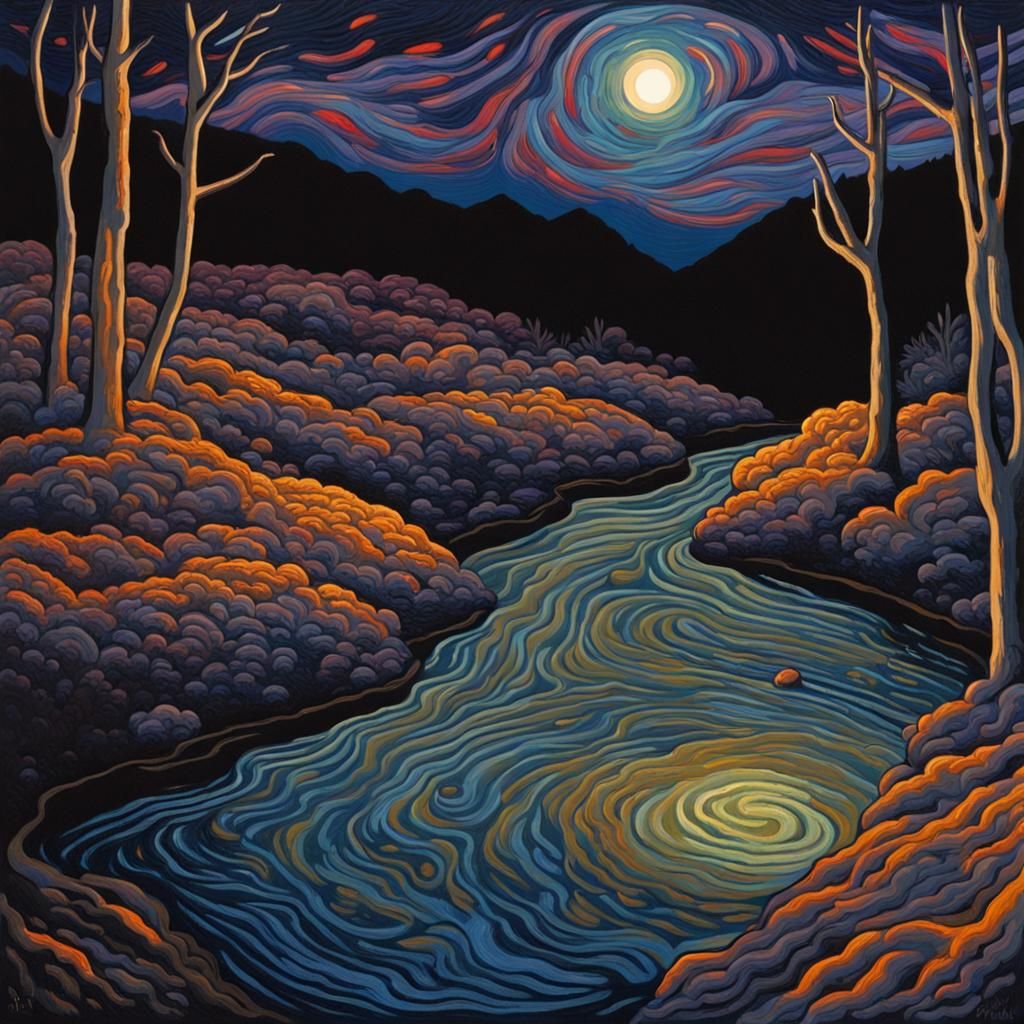 Riverside Hot Springs Spell: Linocut Neo-Impressionism