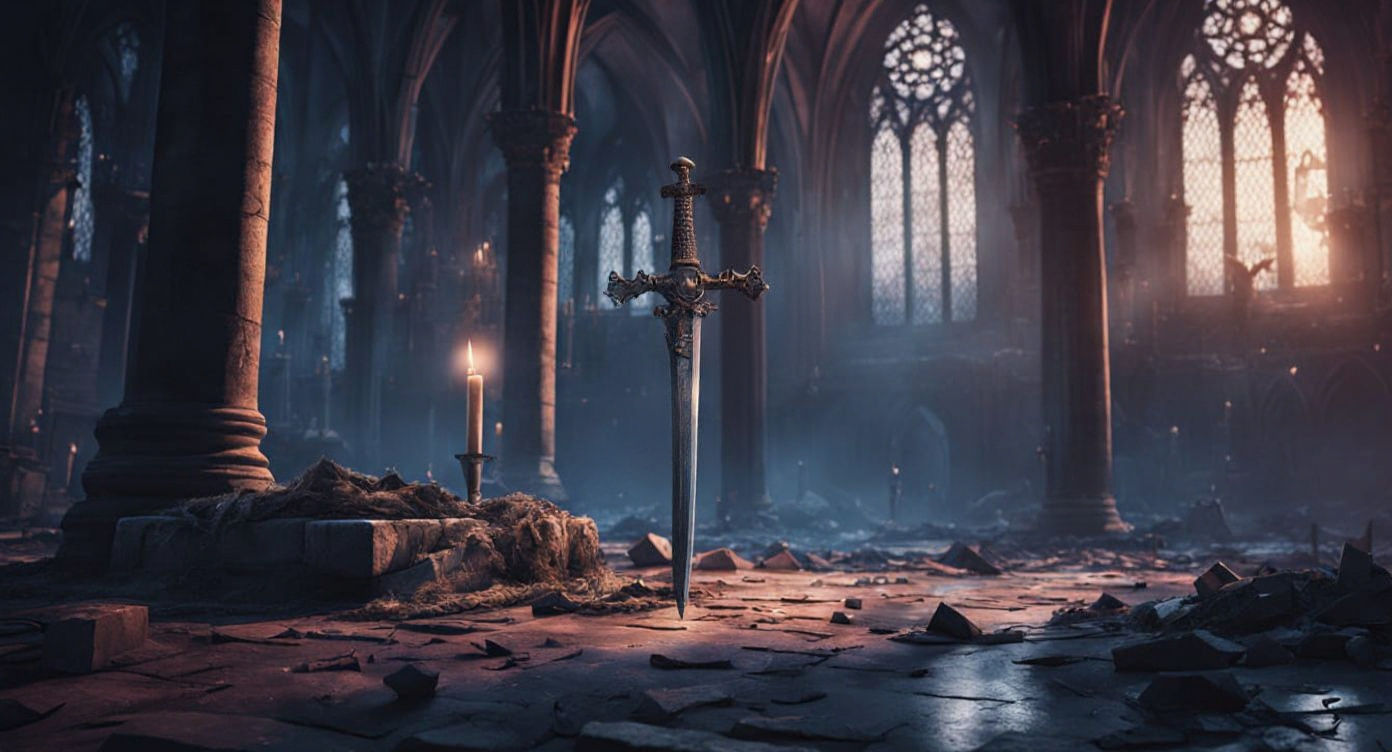 Ancient Sword on Altar in Ruined Gothic Cathedral