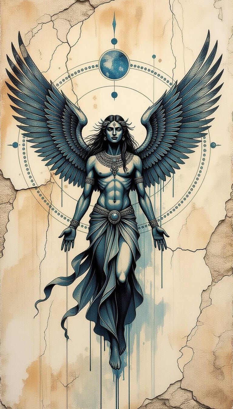 Ancient Winged Being on Cave Panel with Celestial Signs