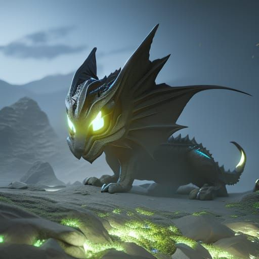 Intricate Cat Dragon in Moonlight, Dark Fantasy Art