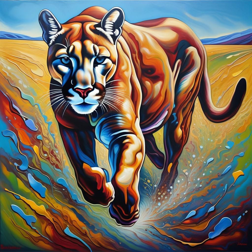 Cougar Running: Expressive Oil Painting in Orphism Style