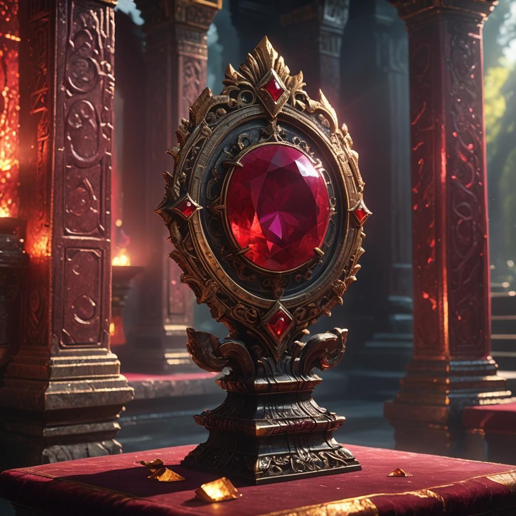 Glowing Ruby on Velvet Pedestal in Mystical Temple