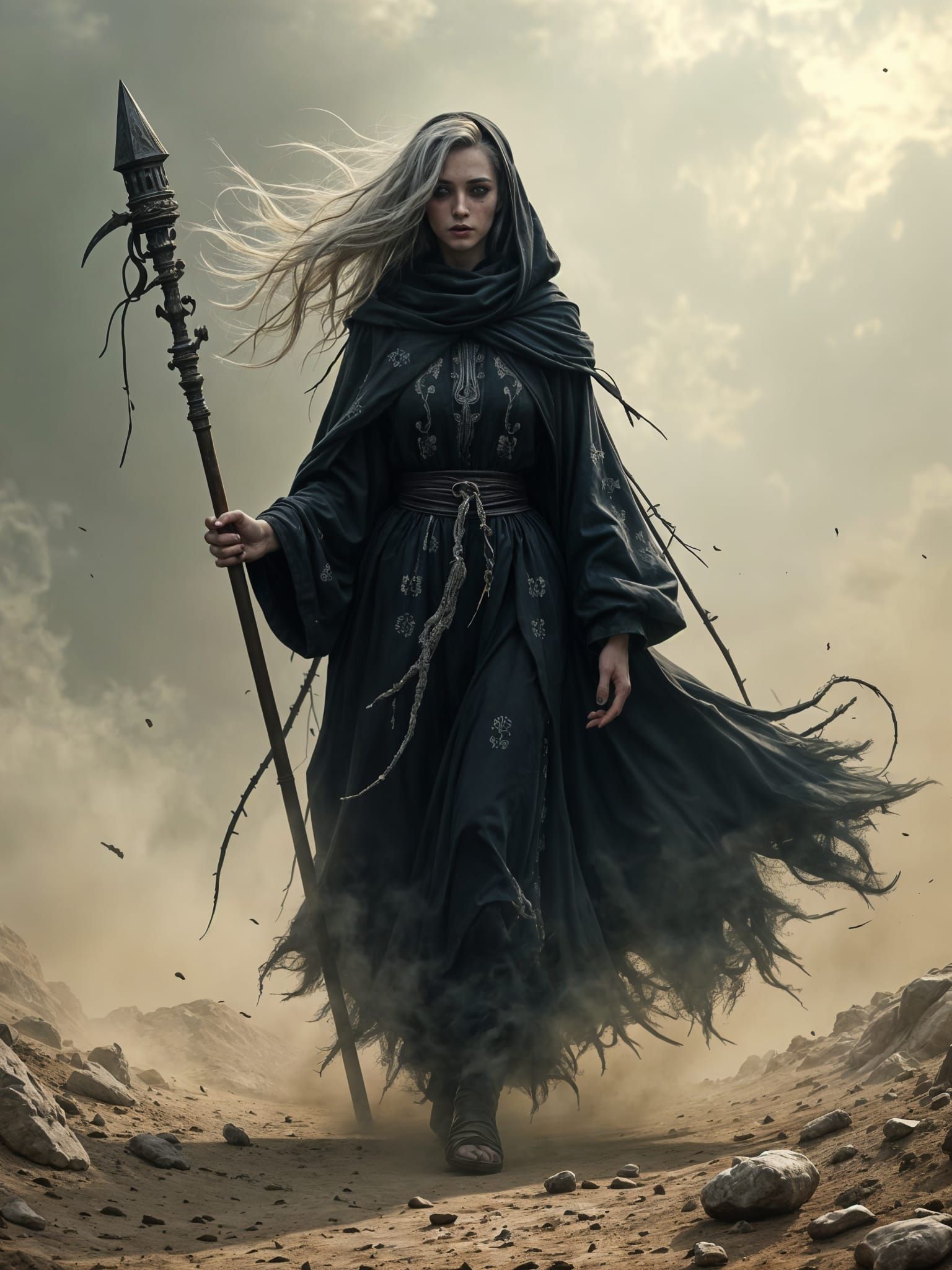 Ethereal Dark Fantasy Pilgrim Strides Across Barren Wastes