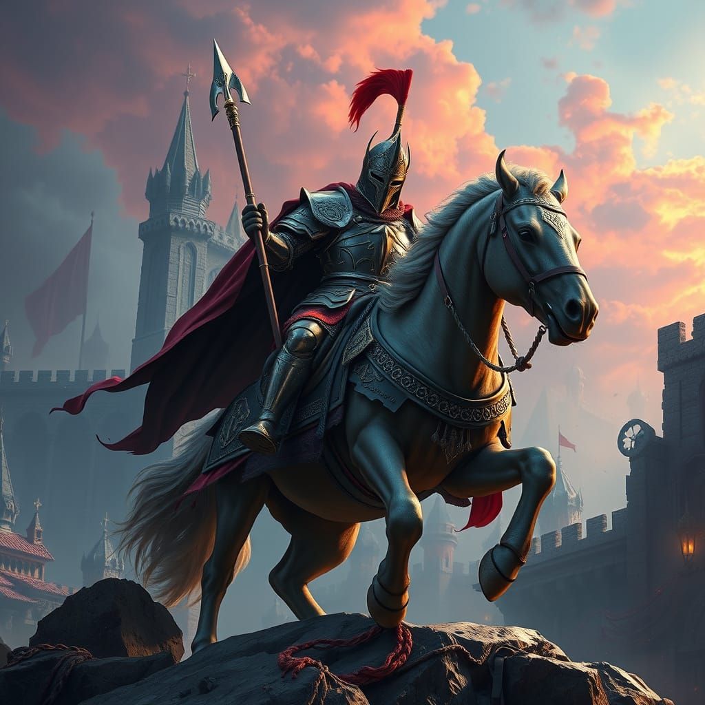 Polish Knight in Ornate Armor Rides Steed Through Fantasy La...