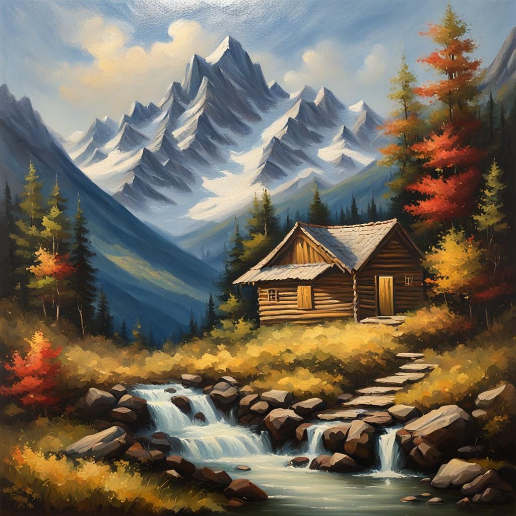 Mountain Cabin in Oil Painting Style
