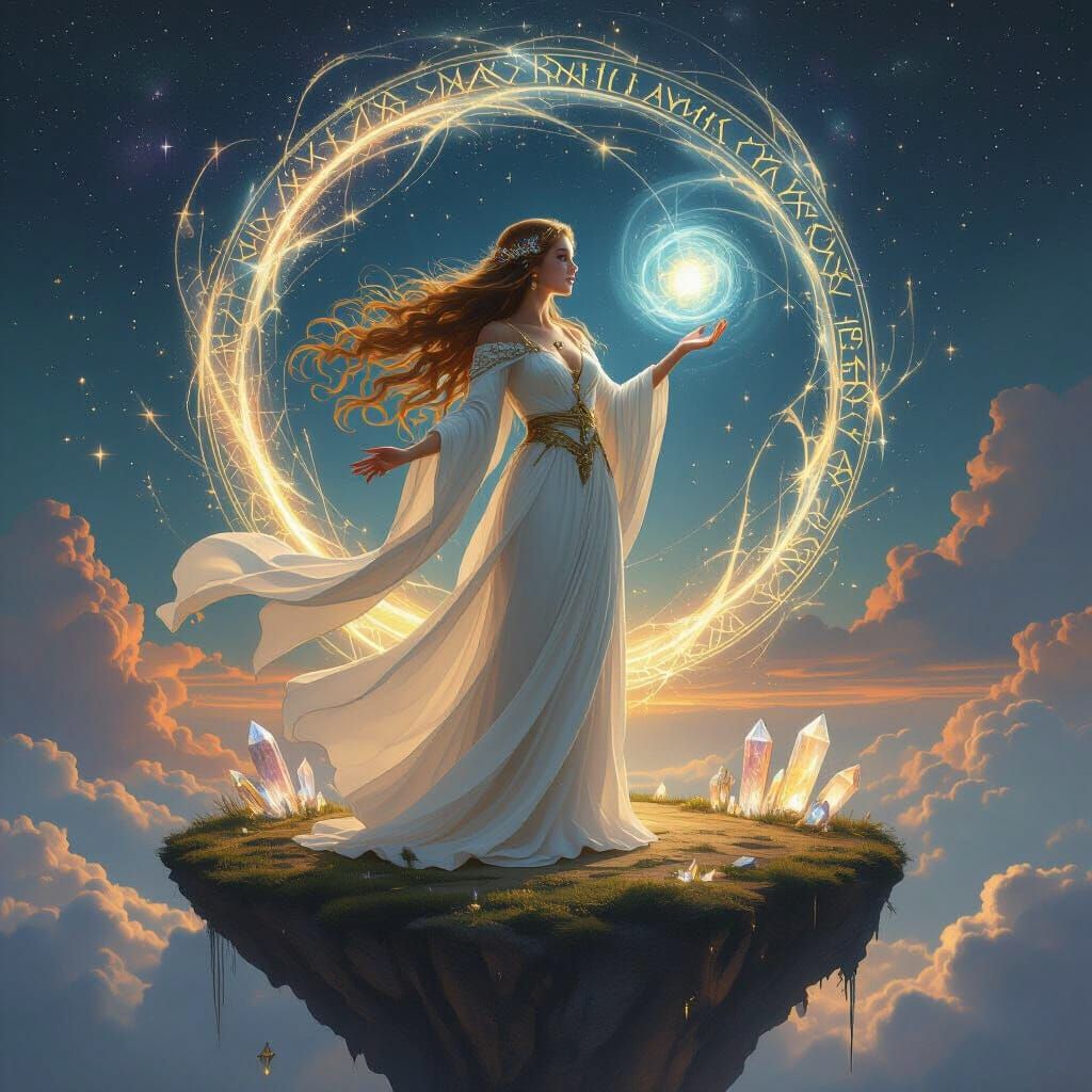 Celestial Sorceress Casting Spell in Art Nouveau Style