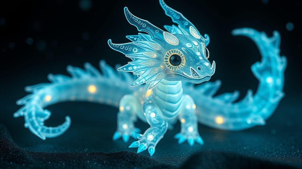Bioluminescent Chibi Dragon Illuminates Starry Night Sky