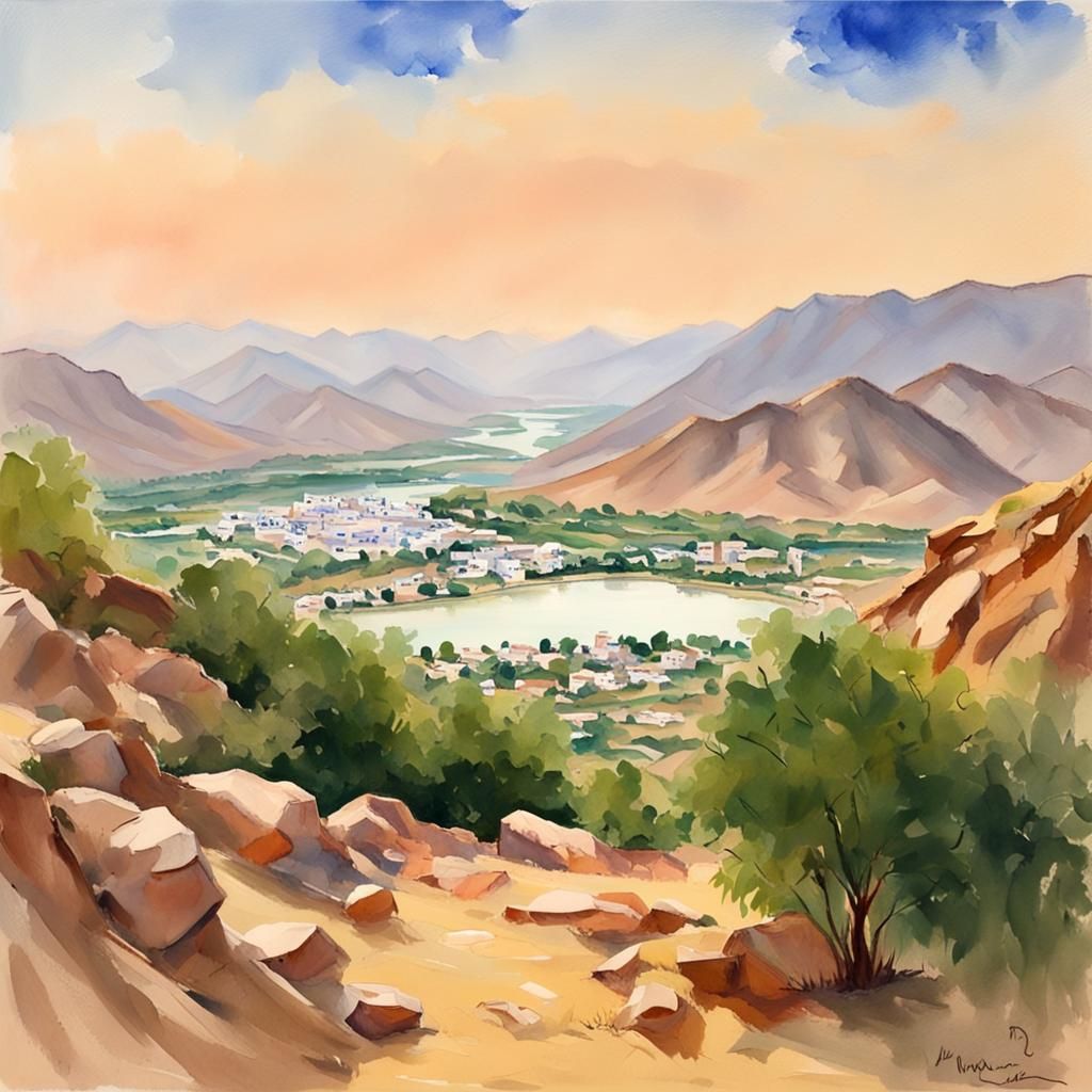 Pushkar Lake in Thar Desert: Gouache Watercolor Painting