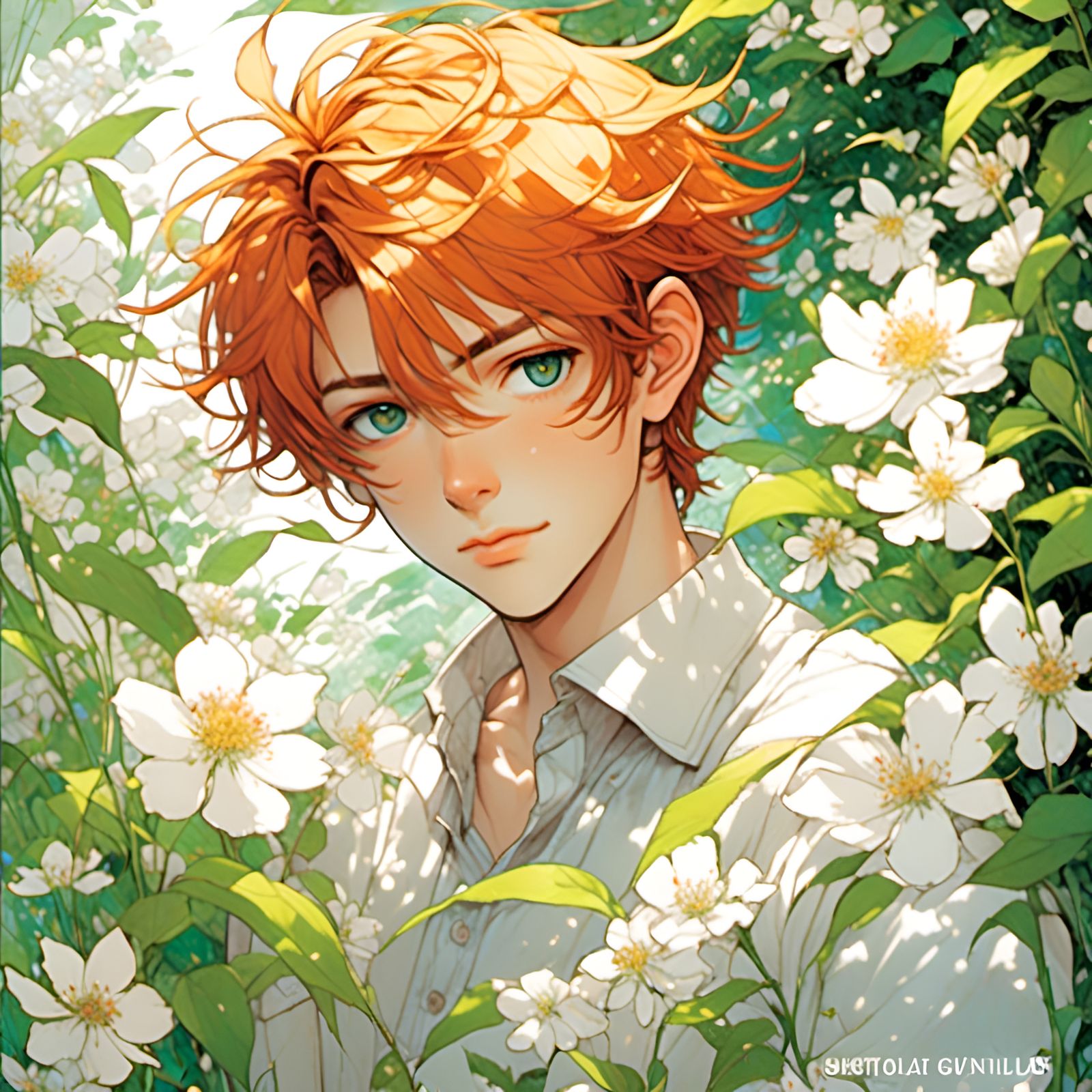 Anime Style Man Picking Flowers in Meadow