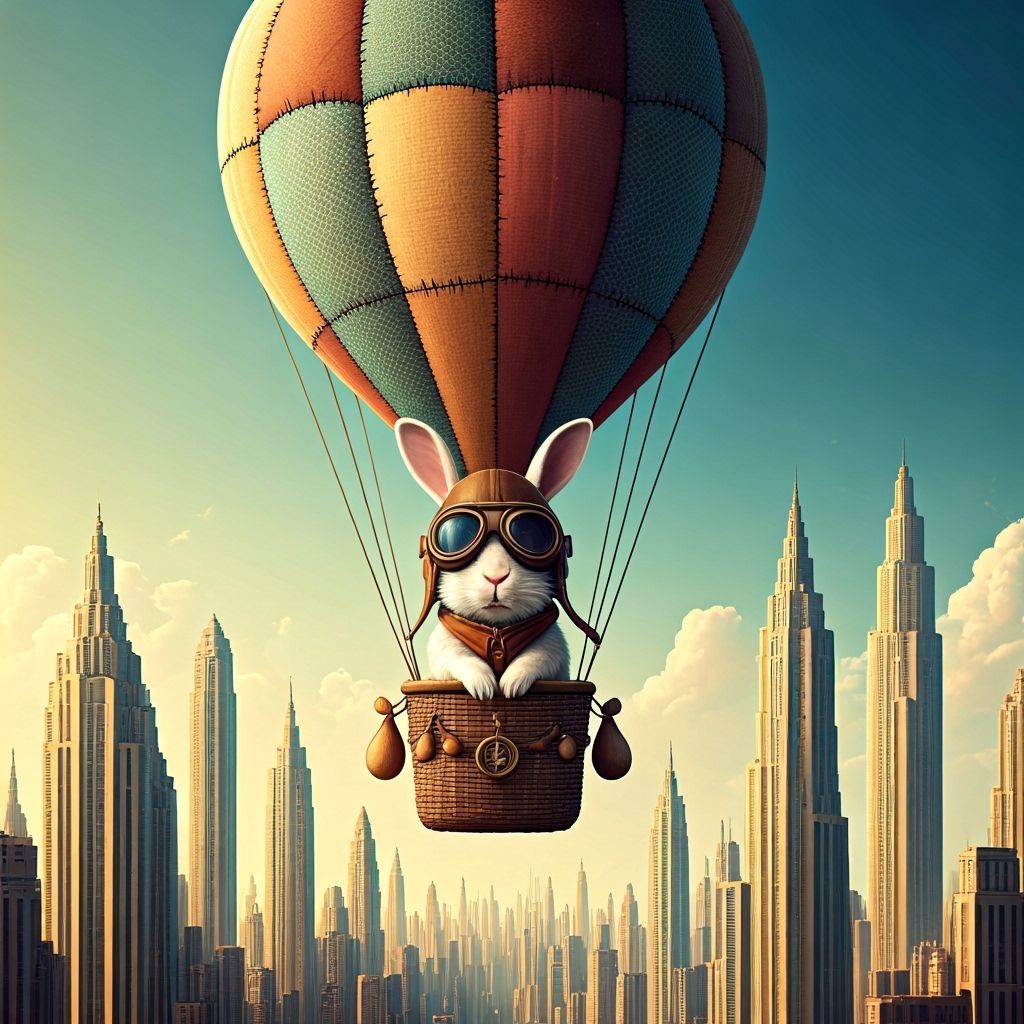 Whimsical Rabbit Explorer in Patchwork Hot Air Balloon