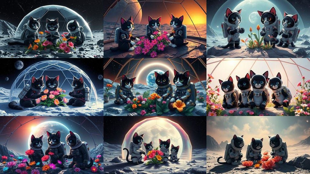 Fantastical Moon Garden Tended by Three Black and White Cats...