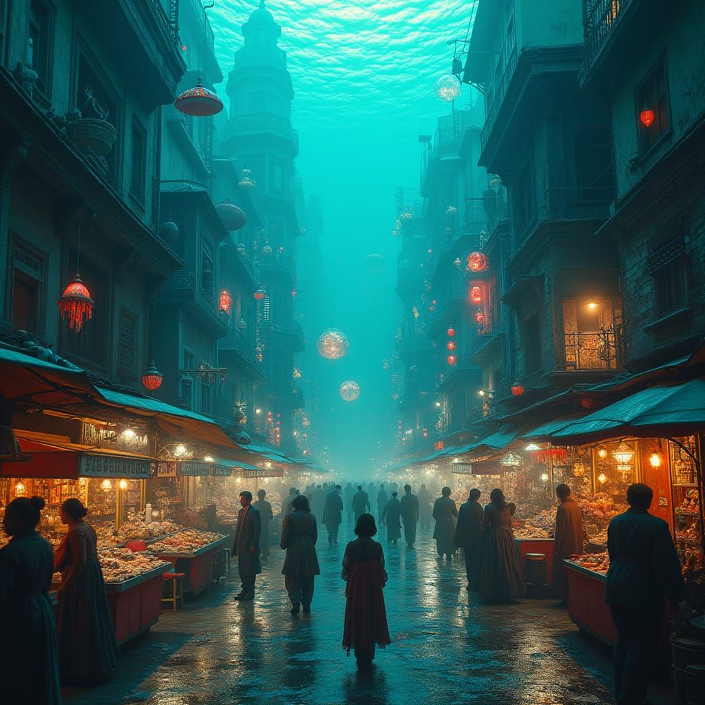 Underwater Cityscape Night Market in Dystopian Futurism Styl...