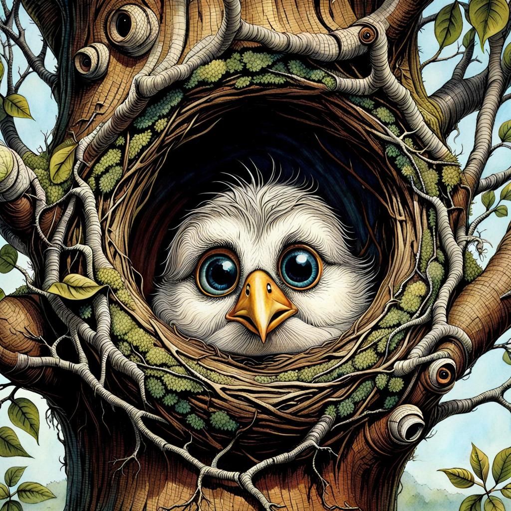 Intricate Bird Nest in Tree, Ethereal Art