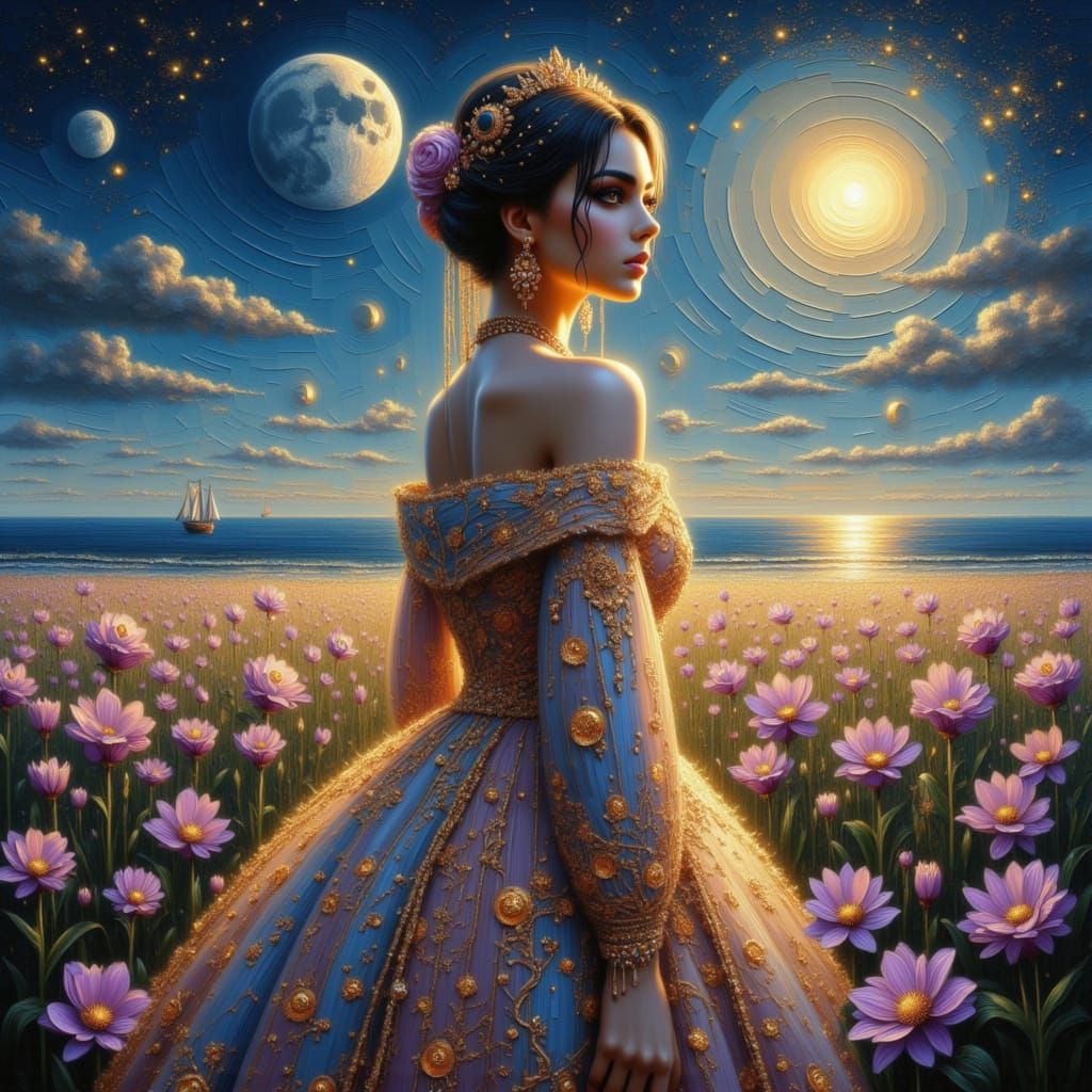 Celestial Queen Vesna Embodies Spring Amidst Glowing Flowers