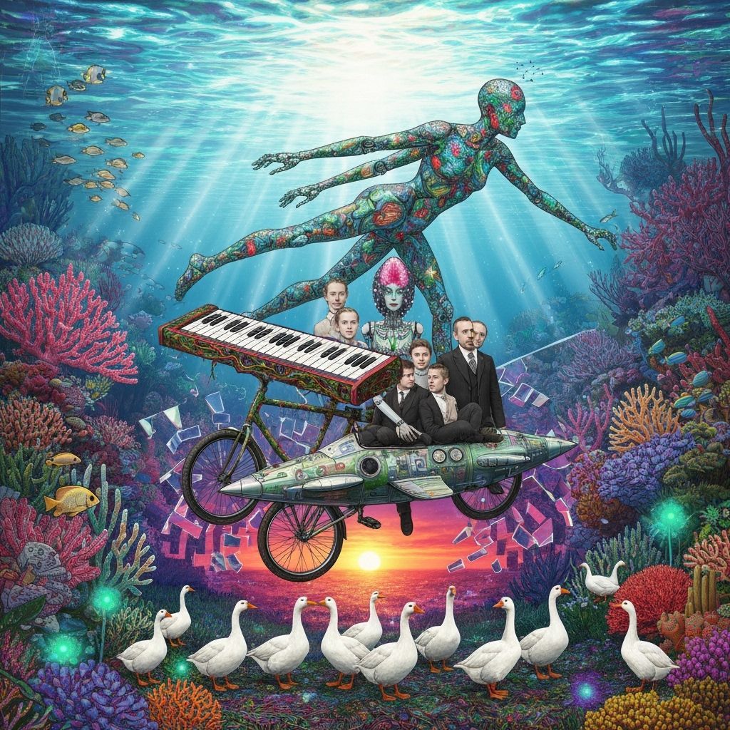 Surreal Underwater World: Fractal Figure Amidst Marine Life