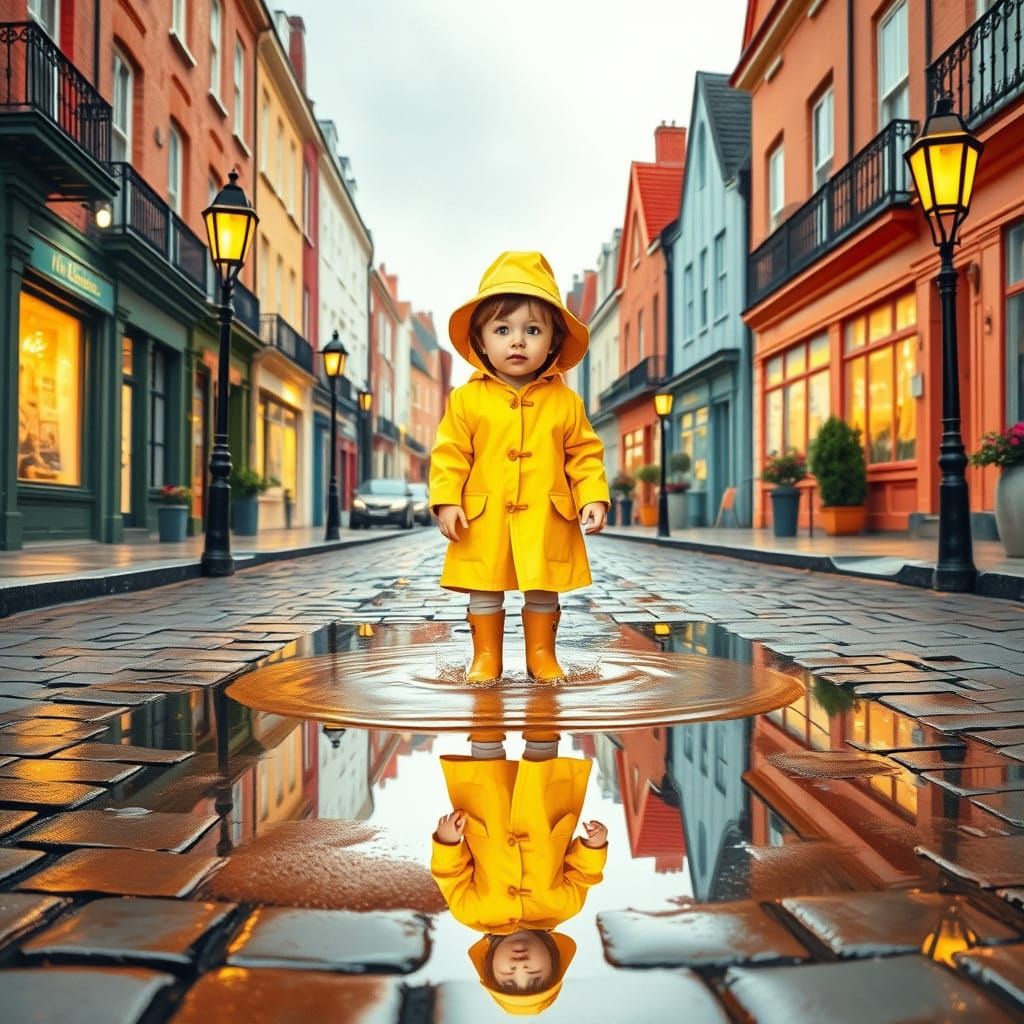 Whimsical Child Plays in a Cobblestone Puddle