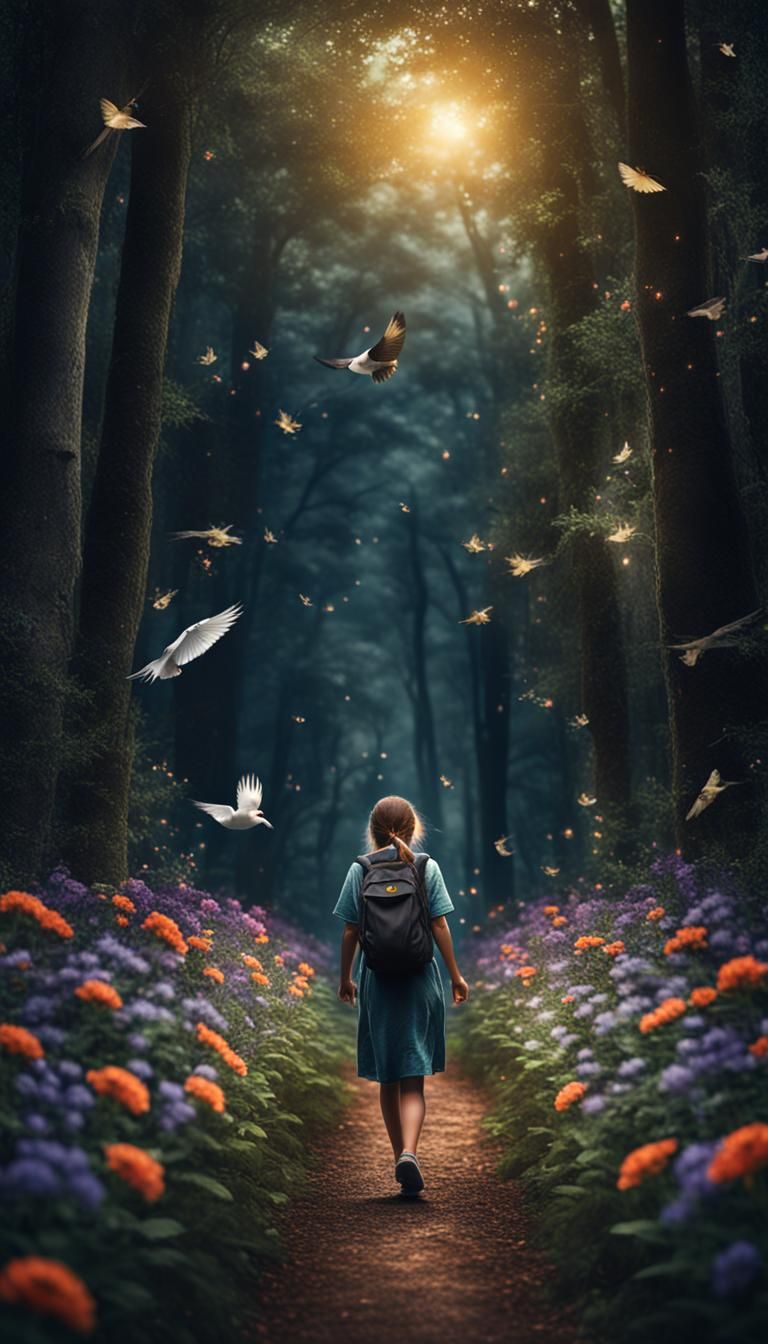 Girl in Enchanted Forest with Fireflies, Hyperrealistic