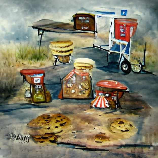 Flea Market Cookie Stand in Oil Paint and Ink