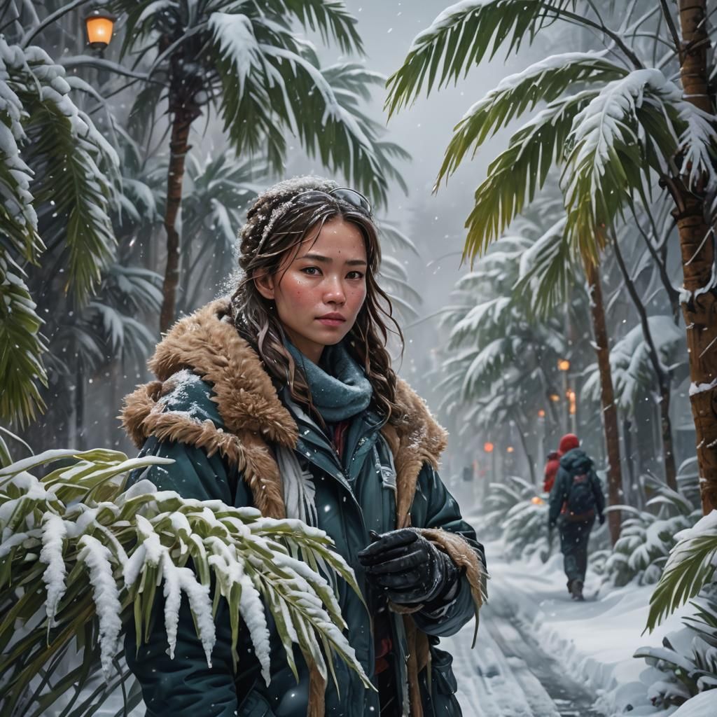 Surreal Alaskan Street with Palm Trees in Snow