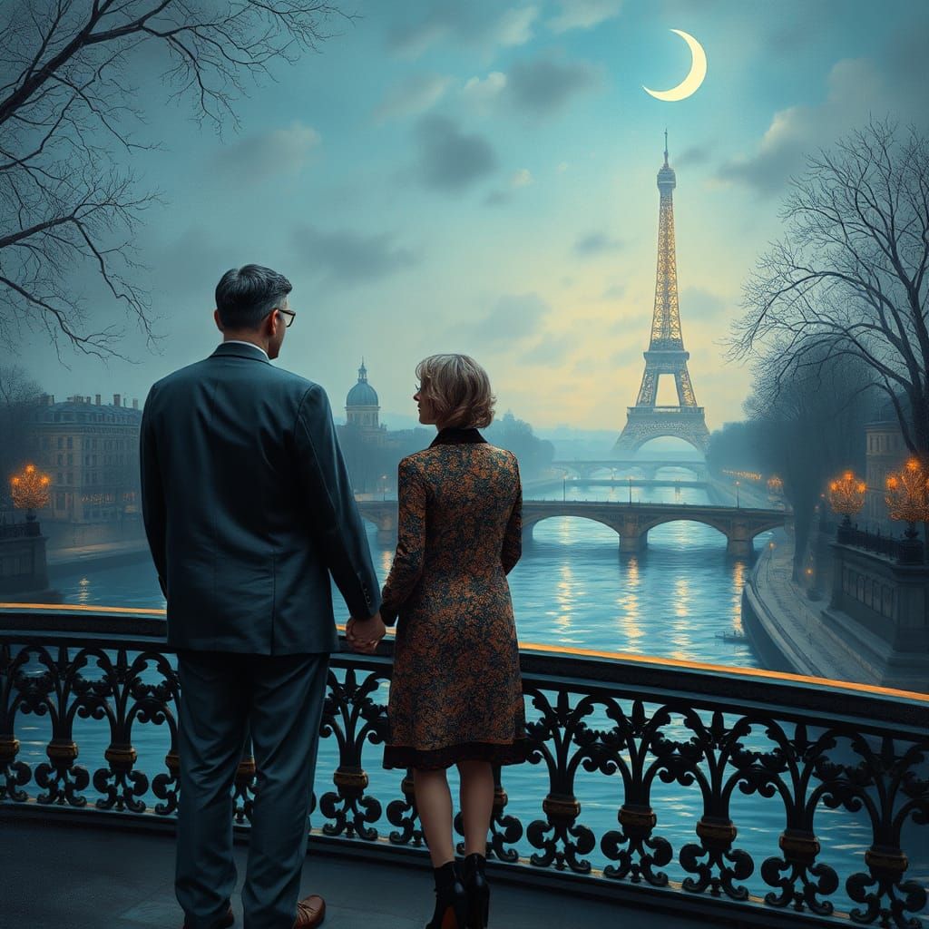 Parisian Couple Under Moonlight in Art Nouveau Style