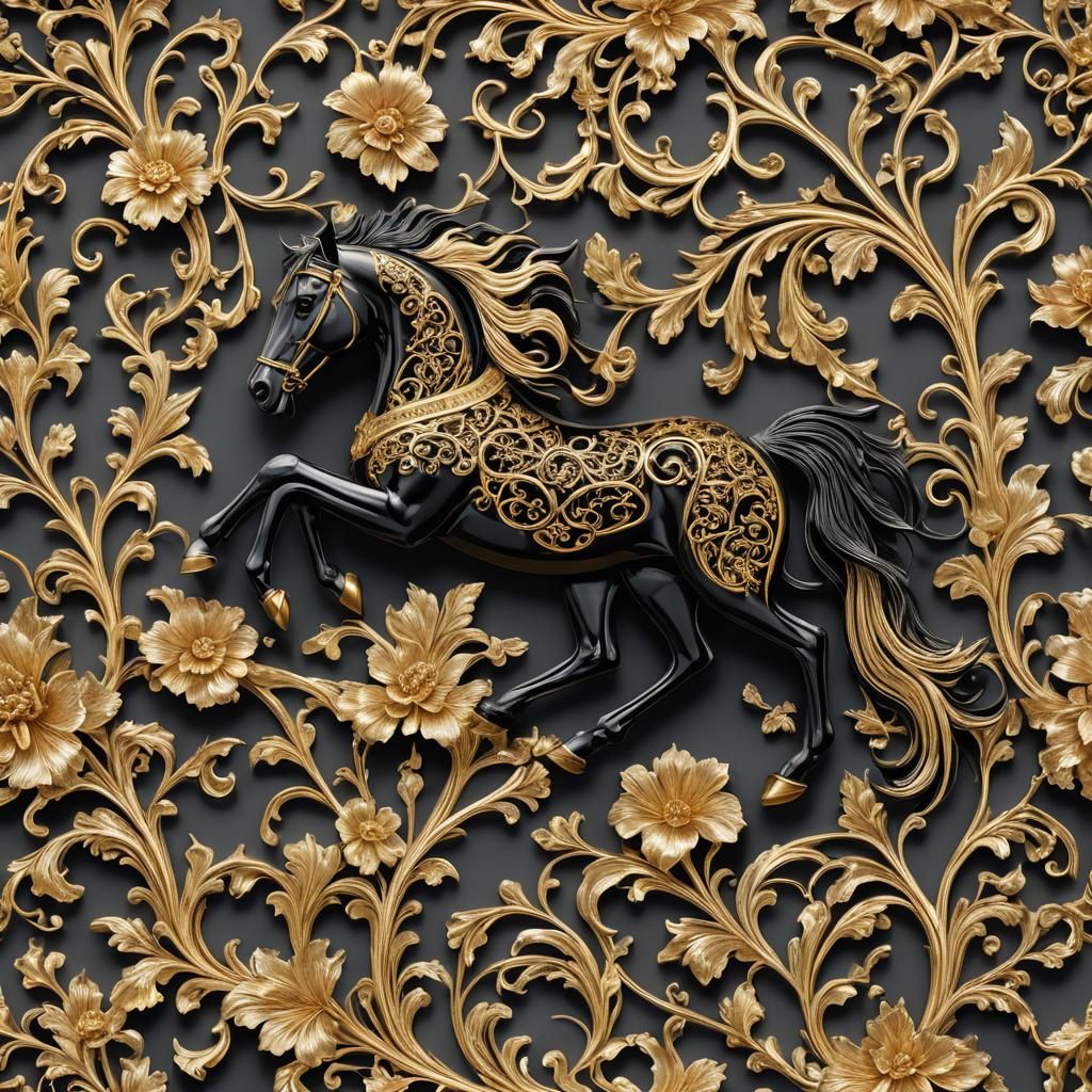 Magnificent Black Stallion with Gold Filigree in 8K