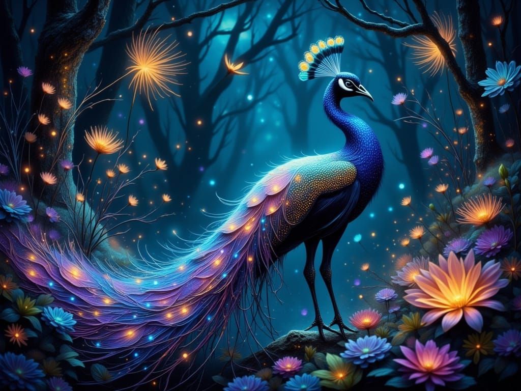 Bioluminescent Peacock in Cosmic Jungle