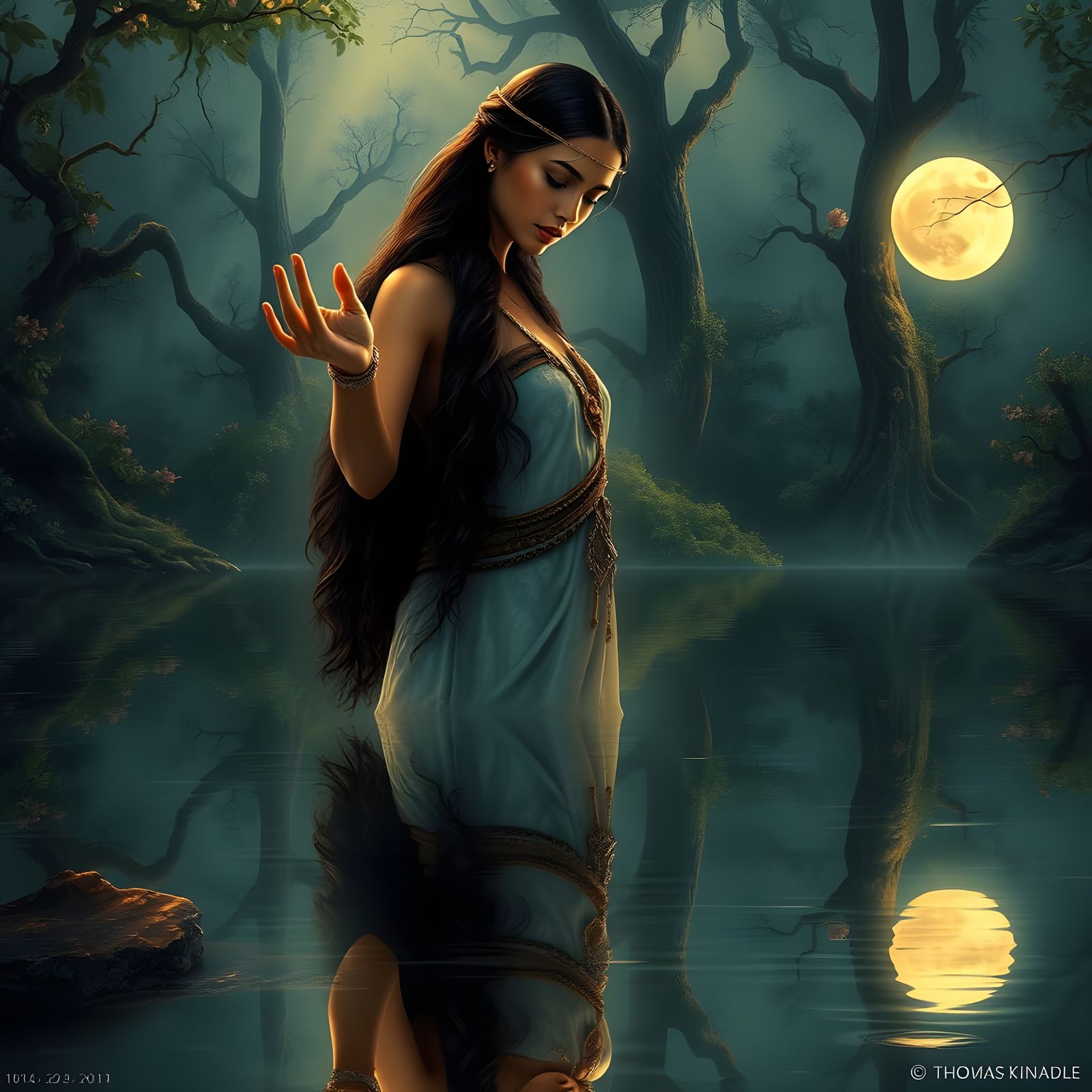 Moonlit Sari-clad Woman Reflects in Serene Pond Waters