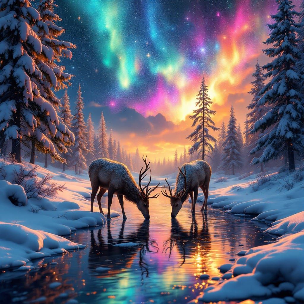 Deer in Winter Wonderland with Astral Aurora