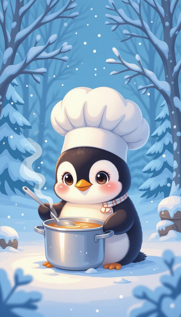 Penguin Chef Creates Soup in Whimsical Cartoon Style