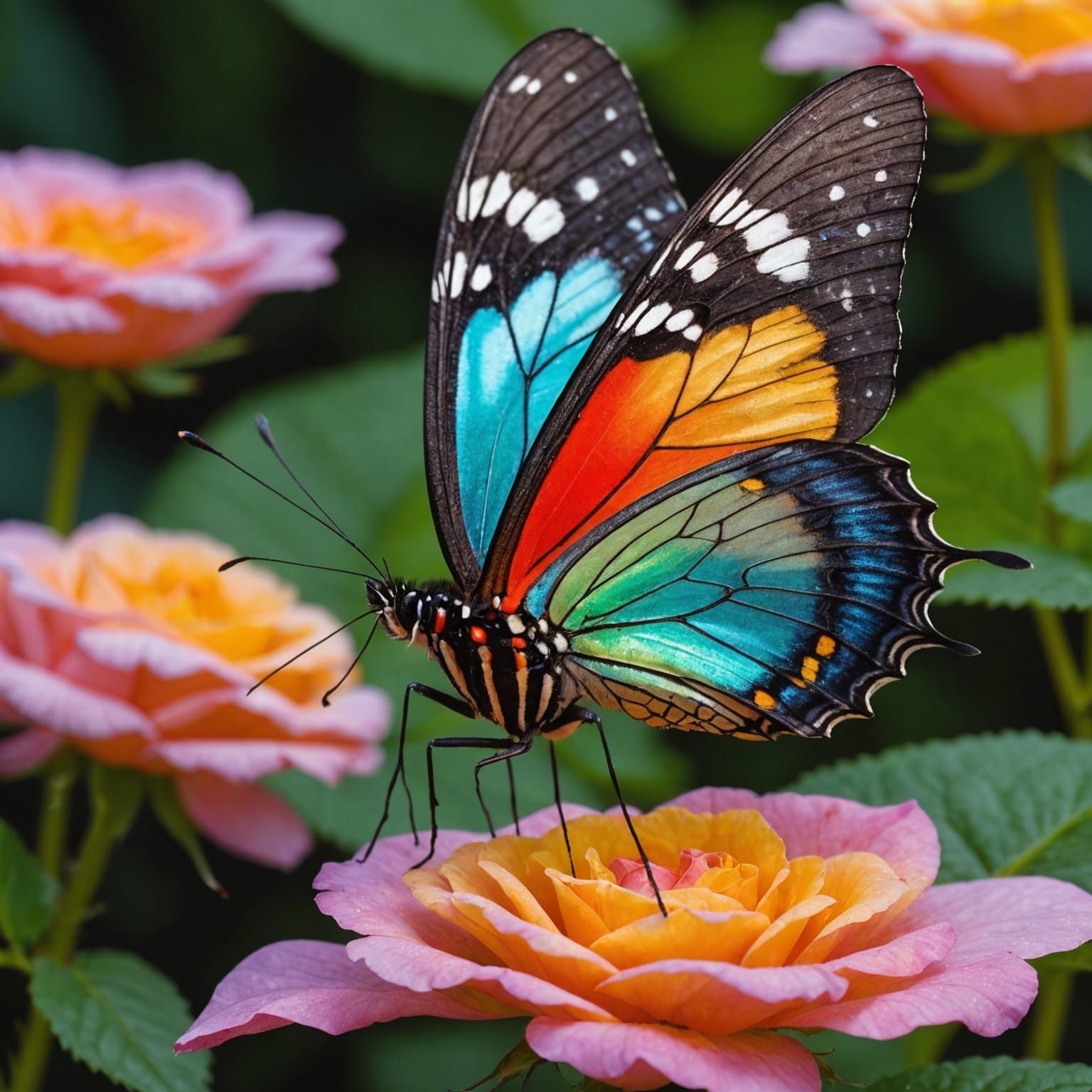Iridescent Butterfly on Flower, Close-Up Photo
