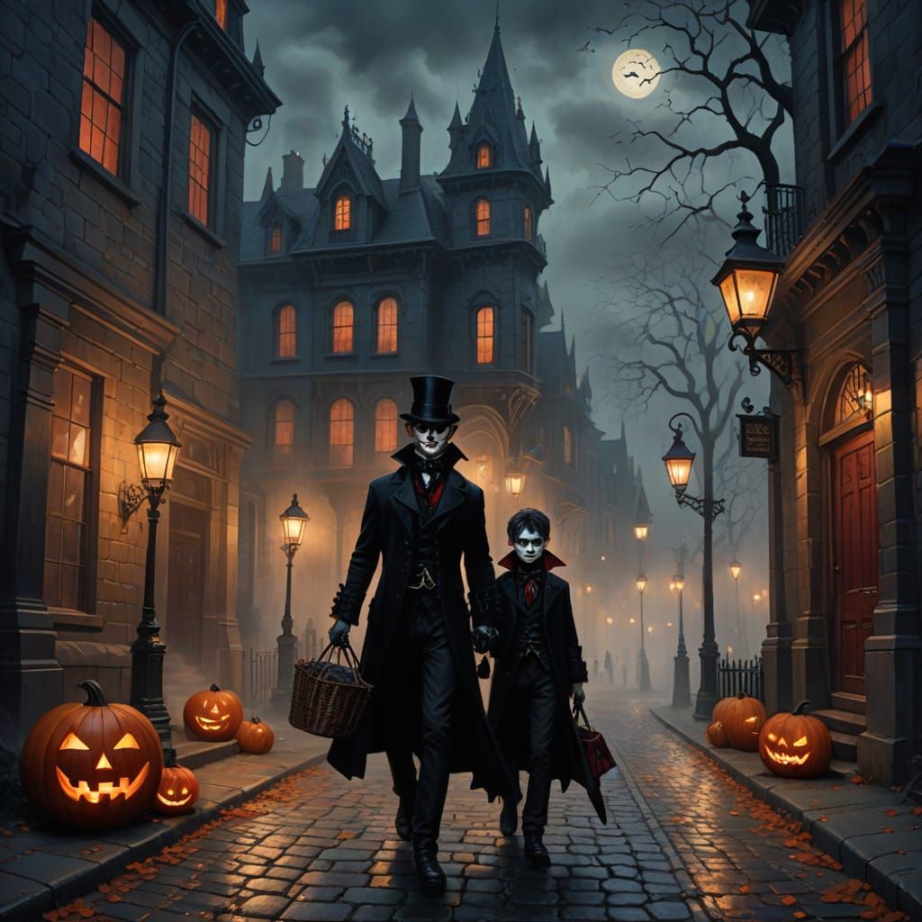 Vampire Trick-or-Treaters Approach Gothic Mansion in Foggy D...