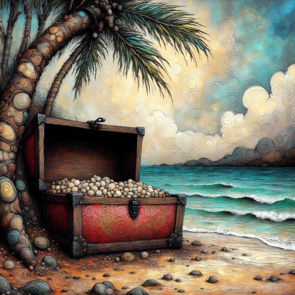 Whimsical Treasure Chest on Stormy Beach