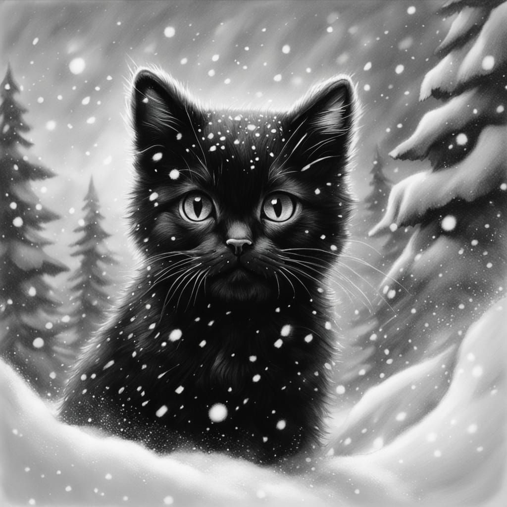 Expressive Charcoal Drawing of a Black Chibi Cat in Snowy La...