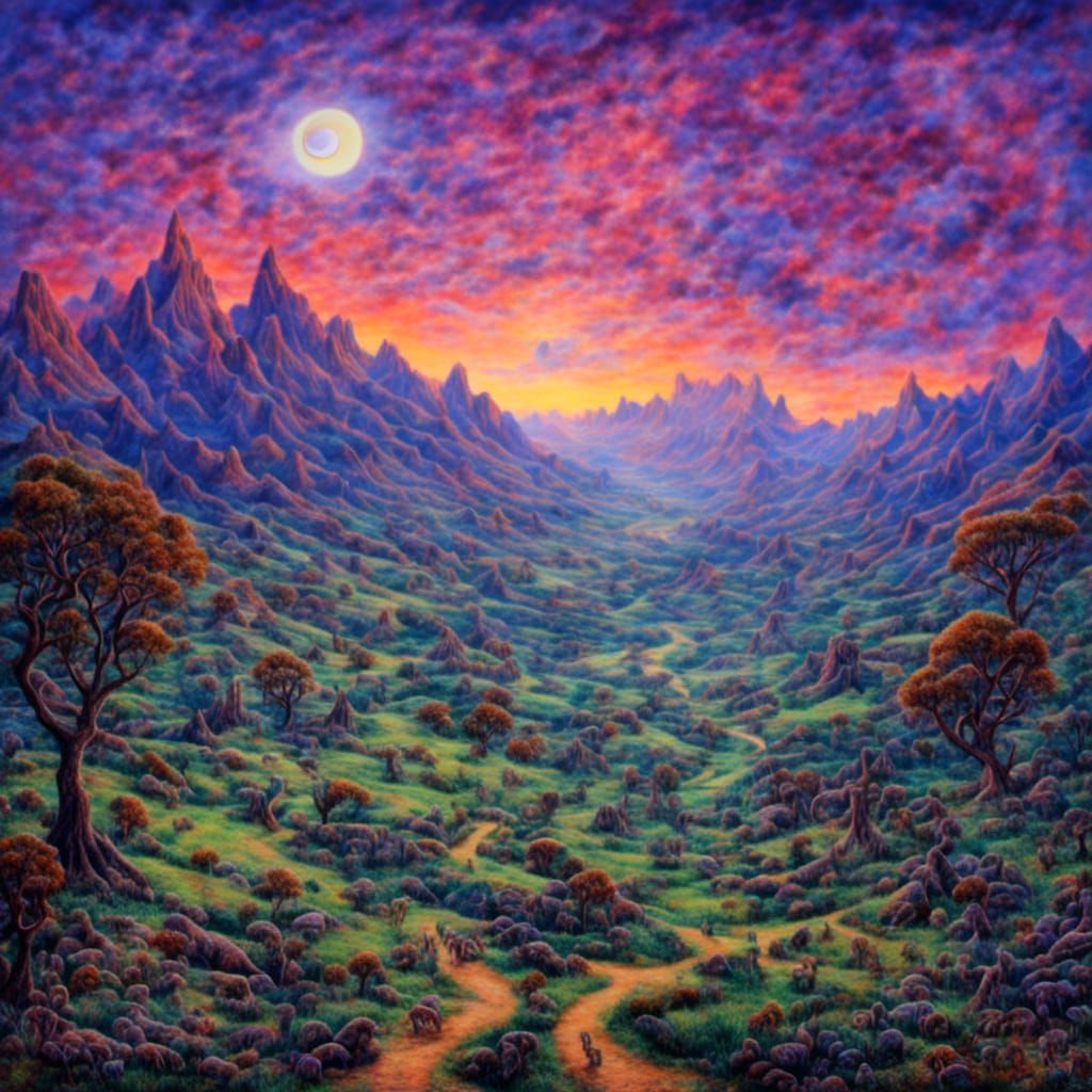 Valley at Sunset: Illustrative Post-Impressionist Landscape