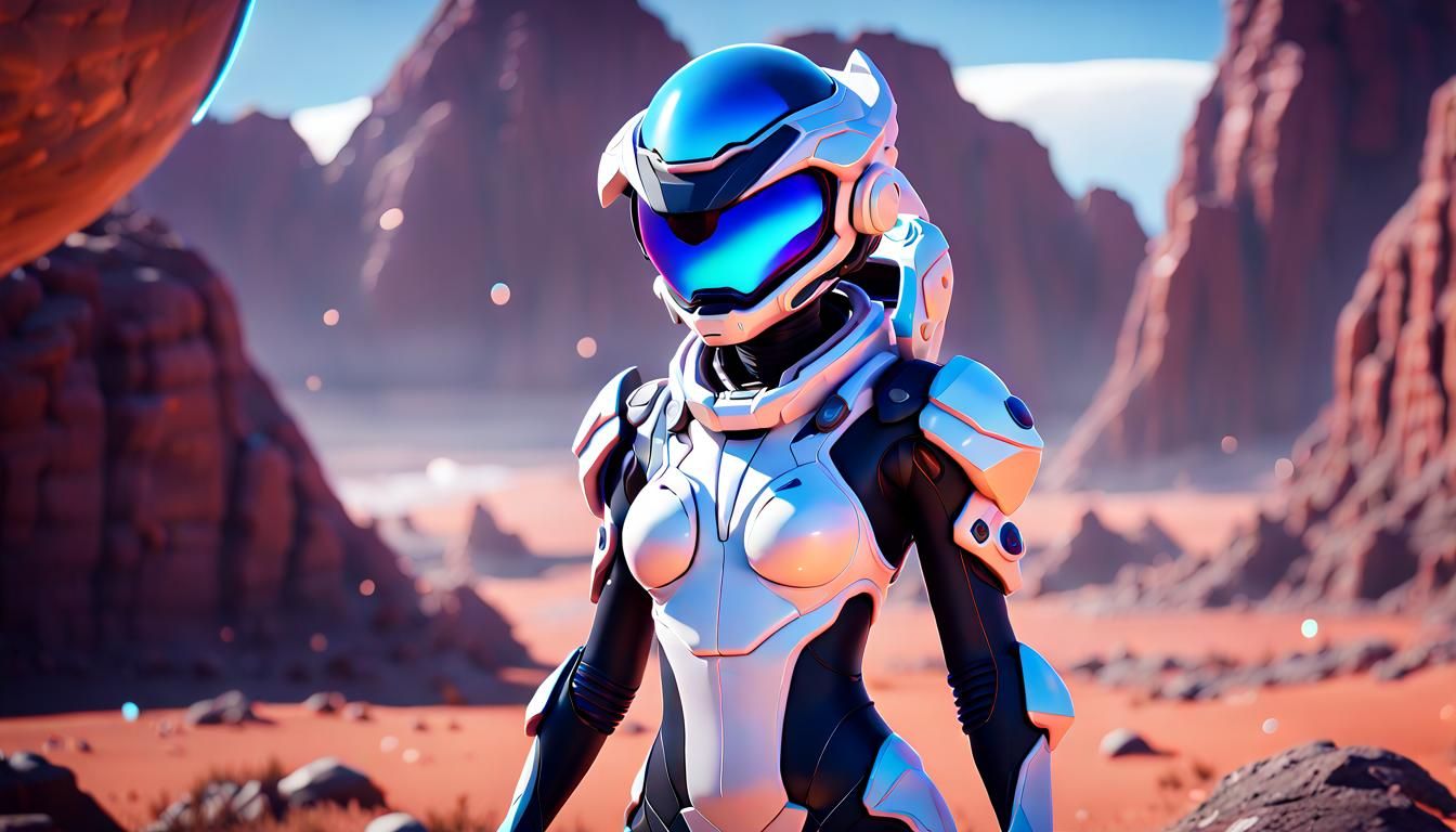 Anime Space Ranger on Alien Planet in 3D