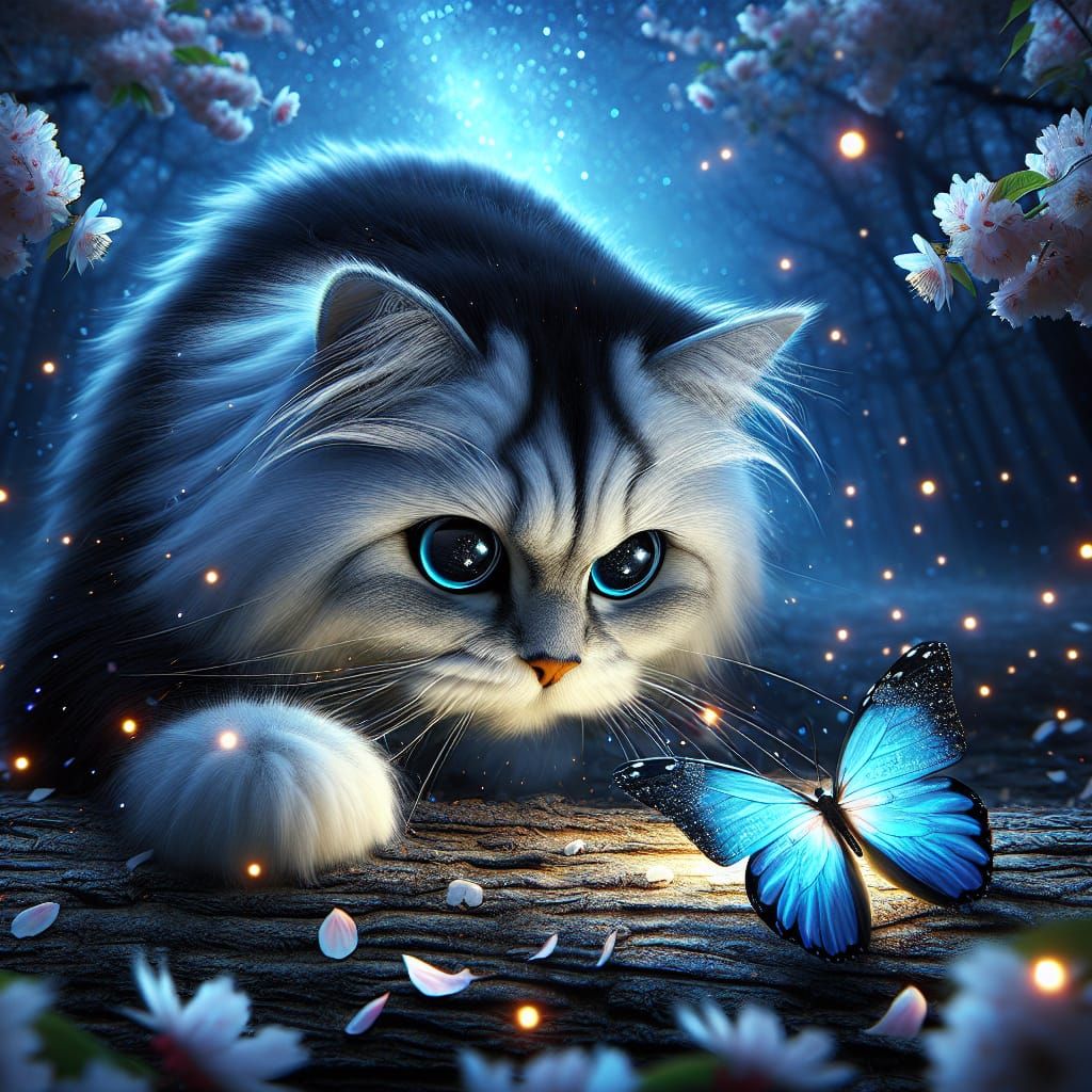 Cat Hunting Butterfly in Starlight, Digital Art