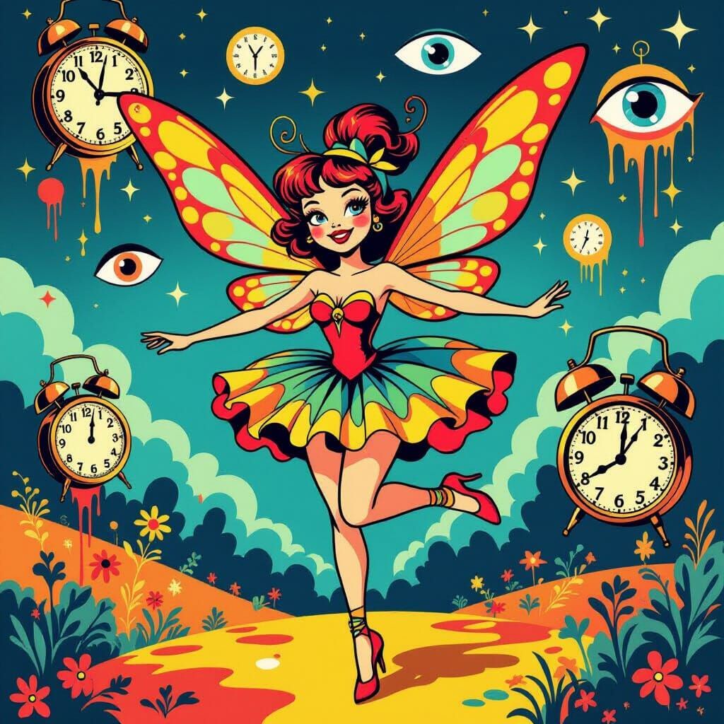 Whimsical Fairy in Surreal Landscape - Comic Art Style