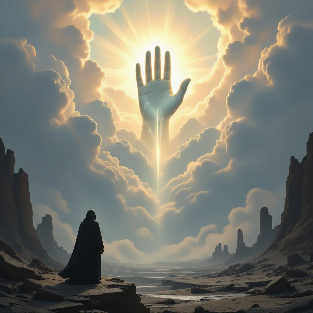 Heavenly Hand Reaching Down to Cloaked Figure