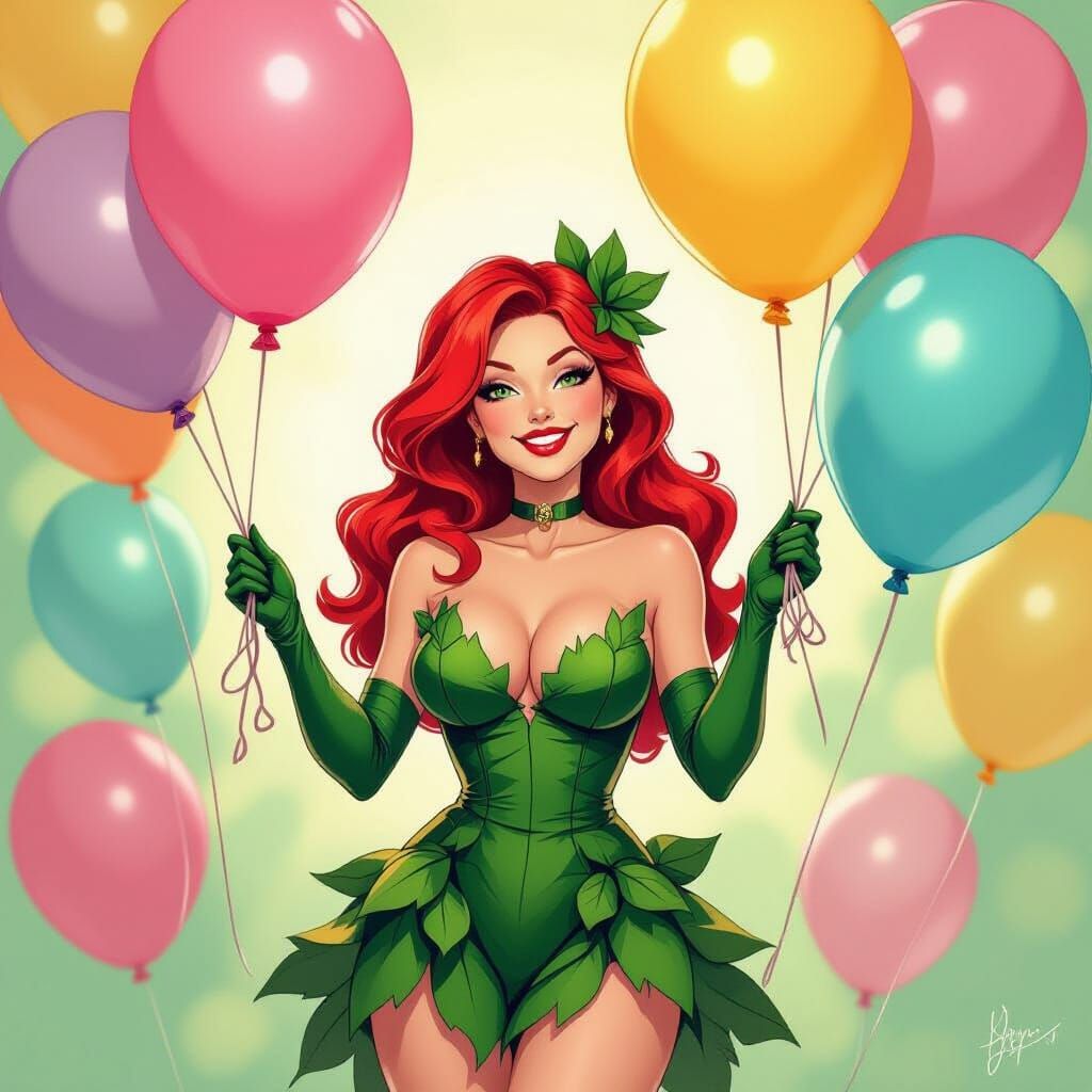 Poison Ivy and Party Balloons in Whimsical Style