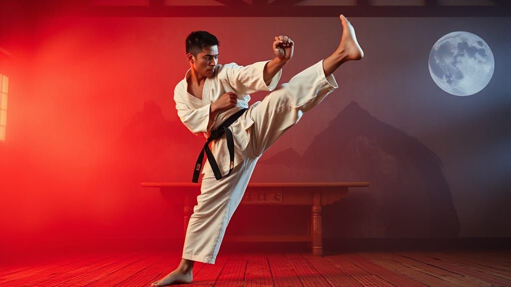 Martial Artist Mid-Kick in a Stylized Dojo