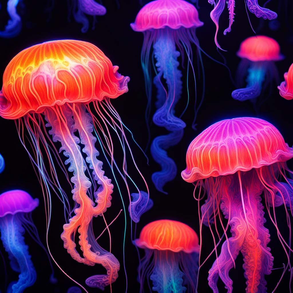 Glowing Jellyfish in a Blacklight Underwater Fantasy
