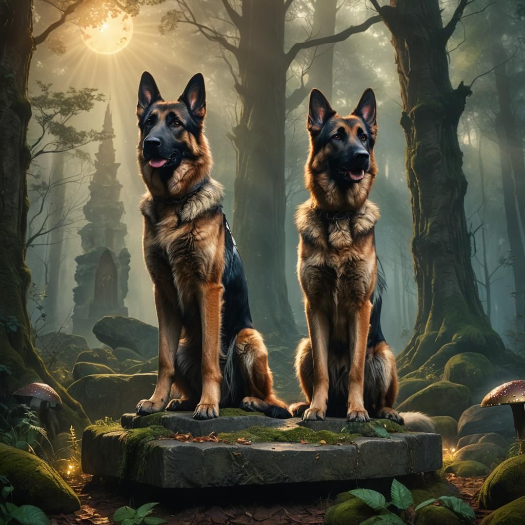 German Shepherds in Mystical Forest Light