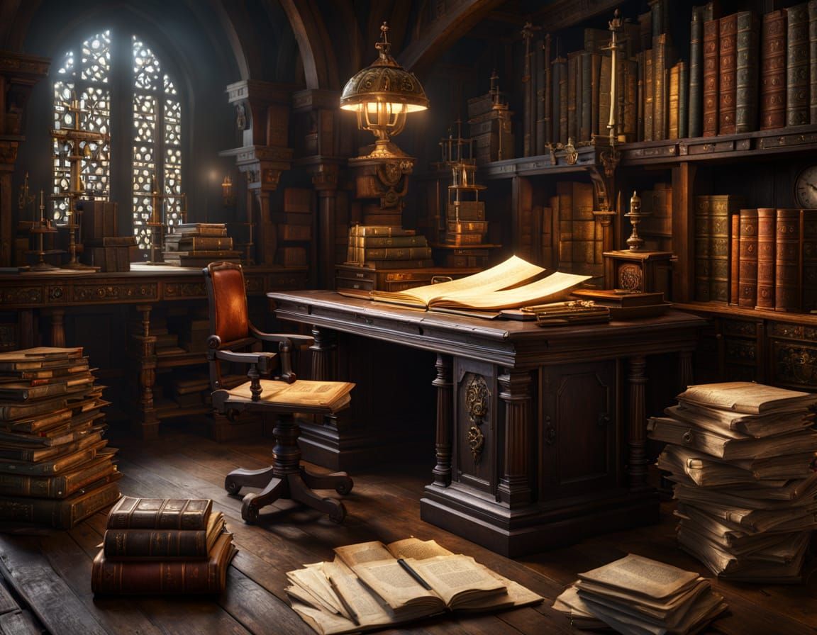 Medieval Scholar's Study in Fantastical Detail