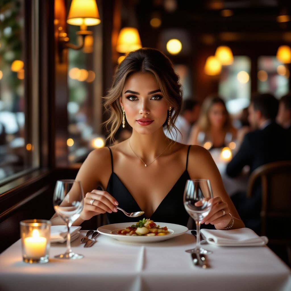 Elegant Woman Dines Alone in Refined Restaurant