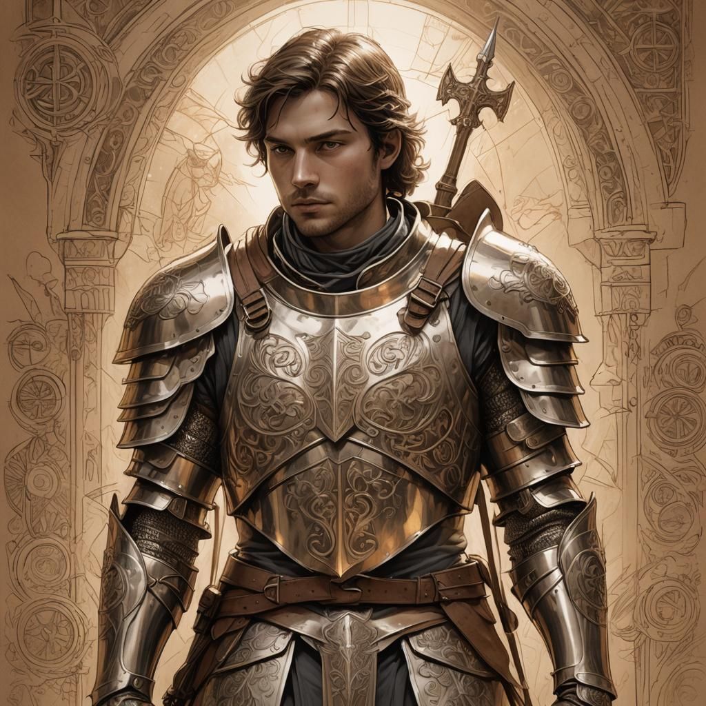 Young Knight Portrait in Sepia Sketch Style