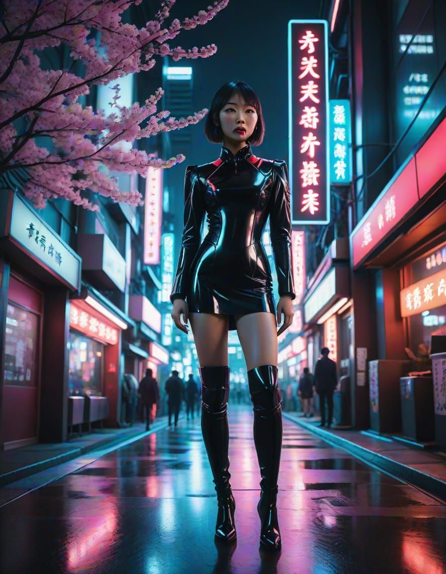 Sleek Japanese Woman Shines in Neon Noir Urban Landscape