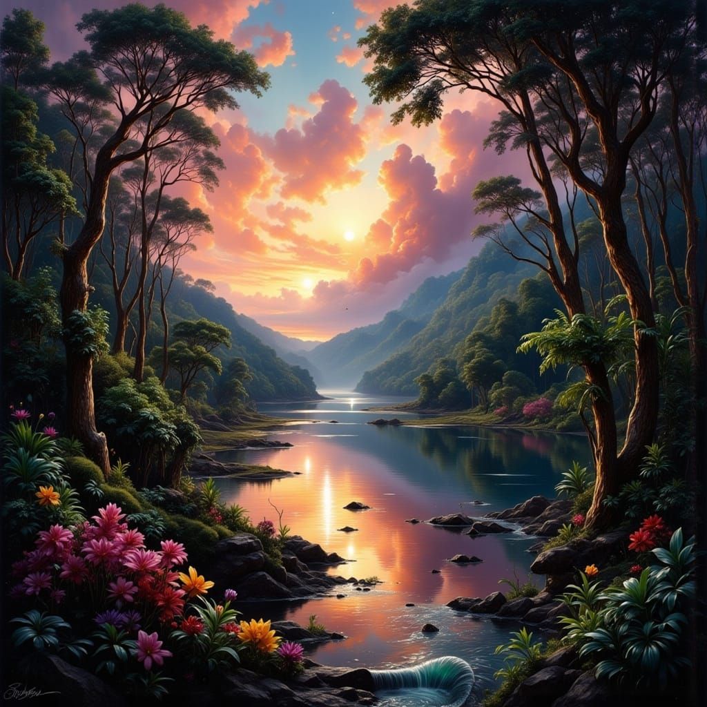 Lush Amazon Landscape with Wildlife in Realism Style