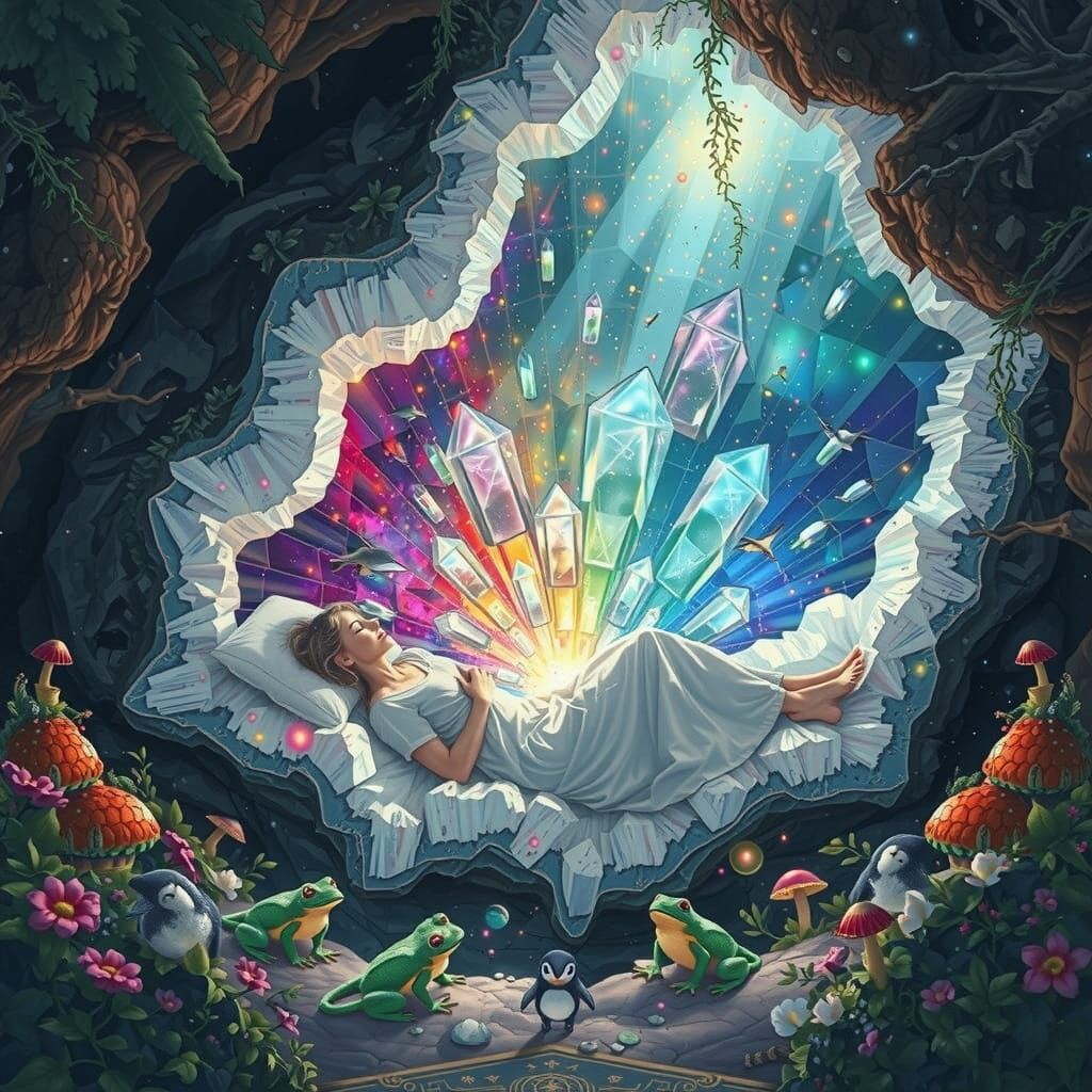 Surreal Dreamscape: Person Asleep in Crystalline Geode