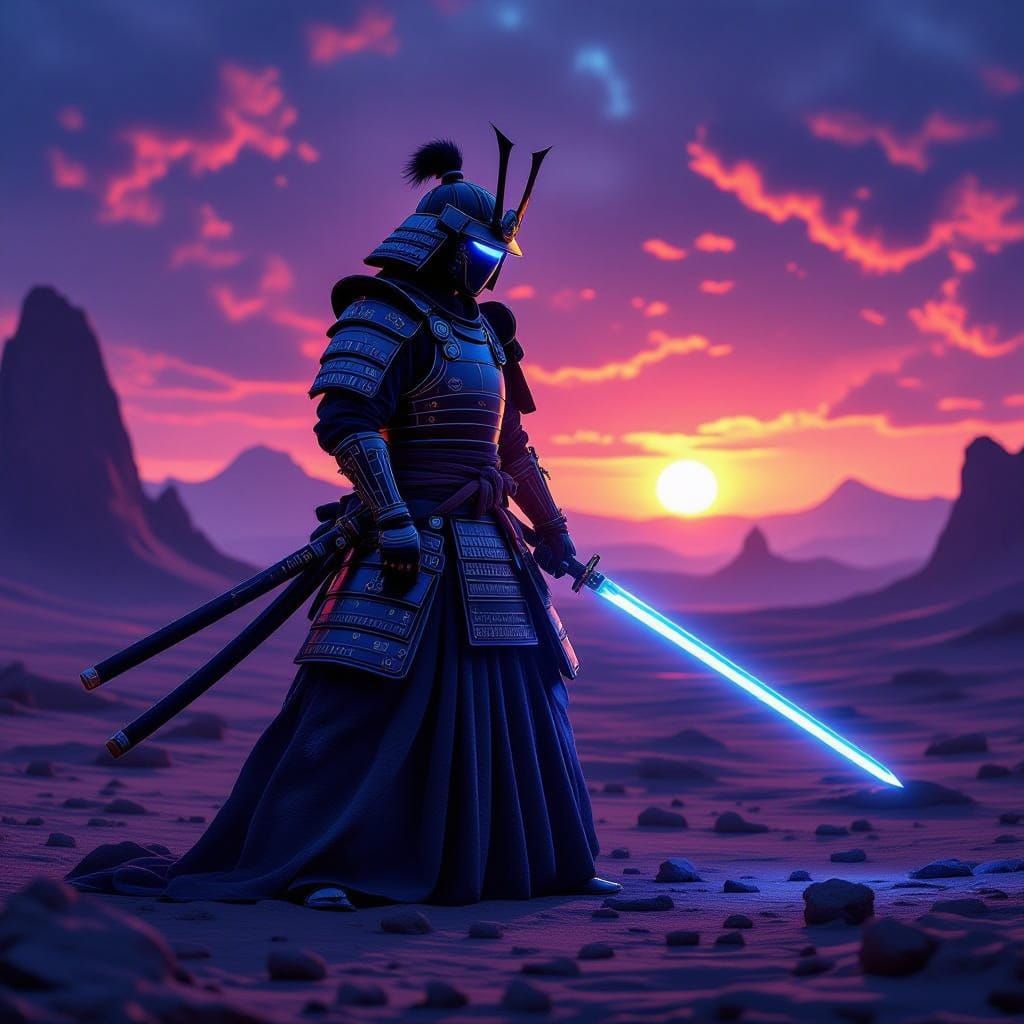 Futuristic Samurai Warrior on Alien Planet with Holographic ...
