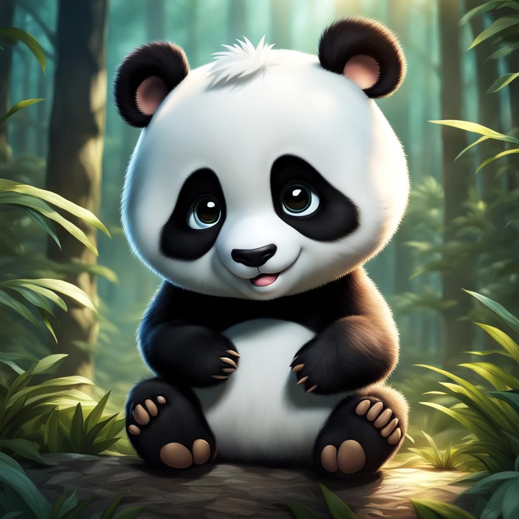 Adorable Chibi Panda in Forest: Digital Illustration